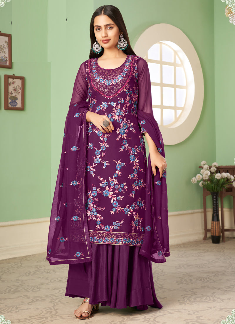 Vegaa Fashion Violet Georgette Embroidery Designer Sharara Suit - Distacart