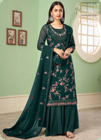 Vegaa Fashion Dark Green Georgette Embroidery Designer Sharara Suit - Distacart