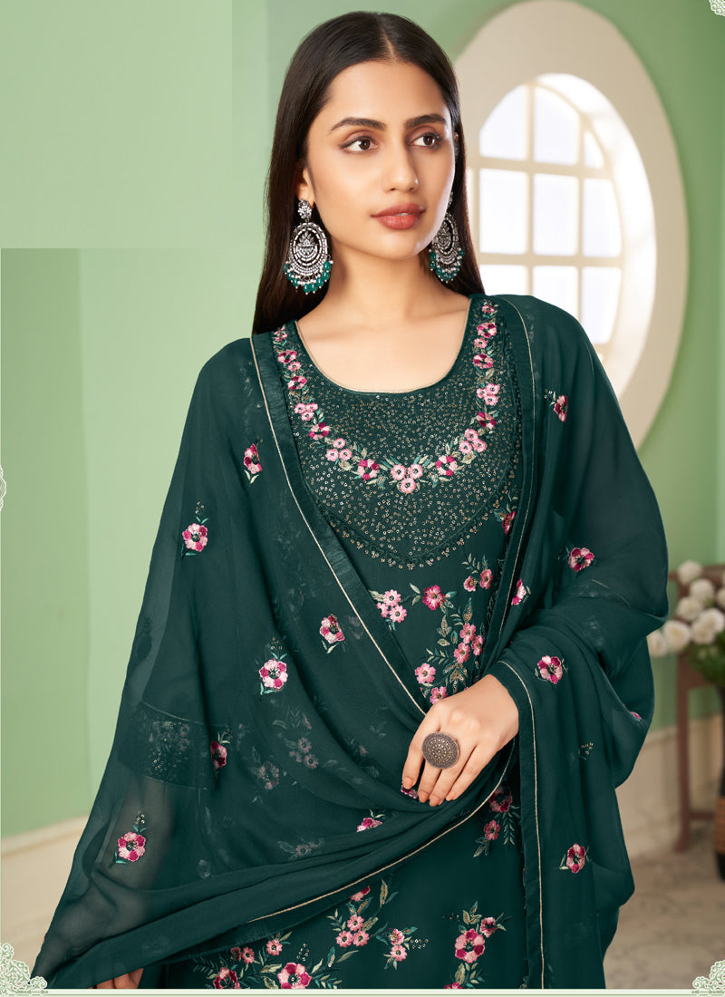 Vegaa Fashion Dark Green Georgette Embroidery Designer Sharara Suit - Distacart