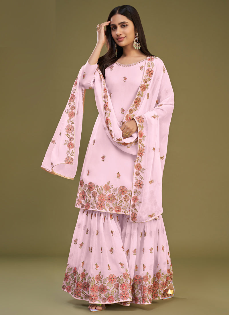 Vegaa Fashion Pink Georgette Embroidery Designer Sharara Suit - Distacart