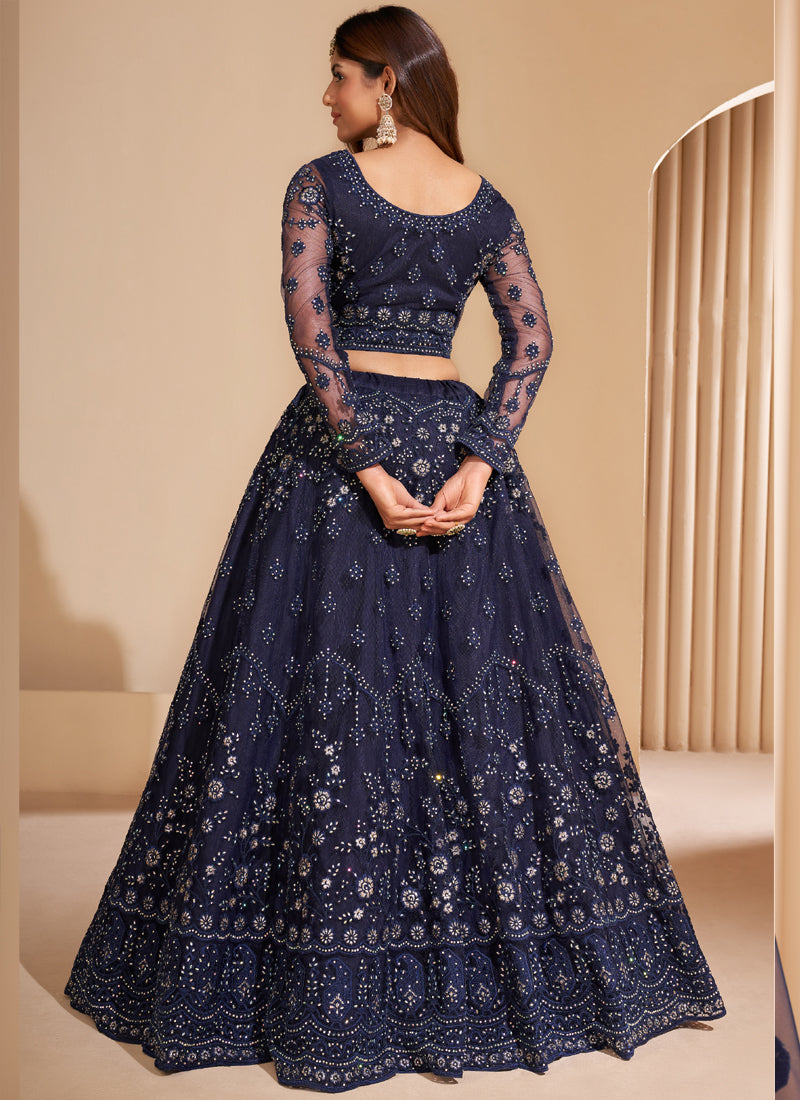 Vegaa Fashion Navy Blue Net Embroidery Designer Lehenga Choli