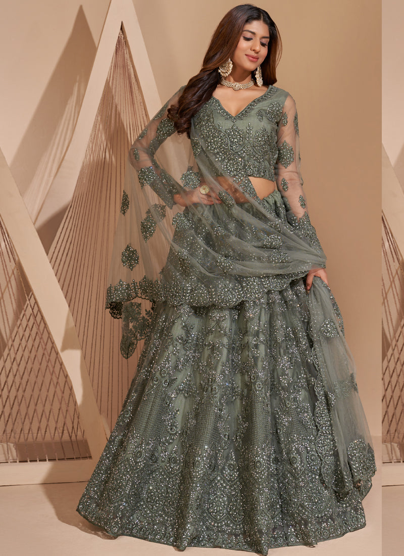Vegaa Fashion Lime Green Net Embroidery Designer Lehenga Choli