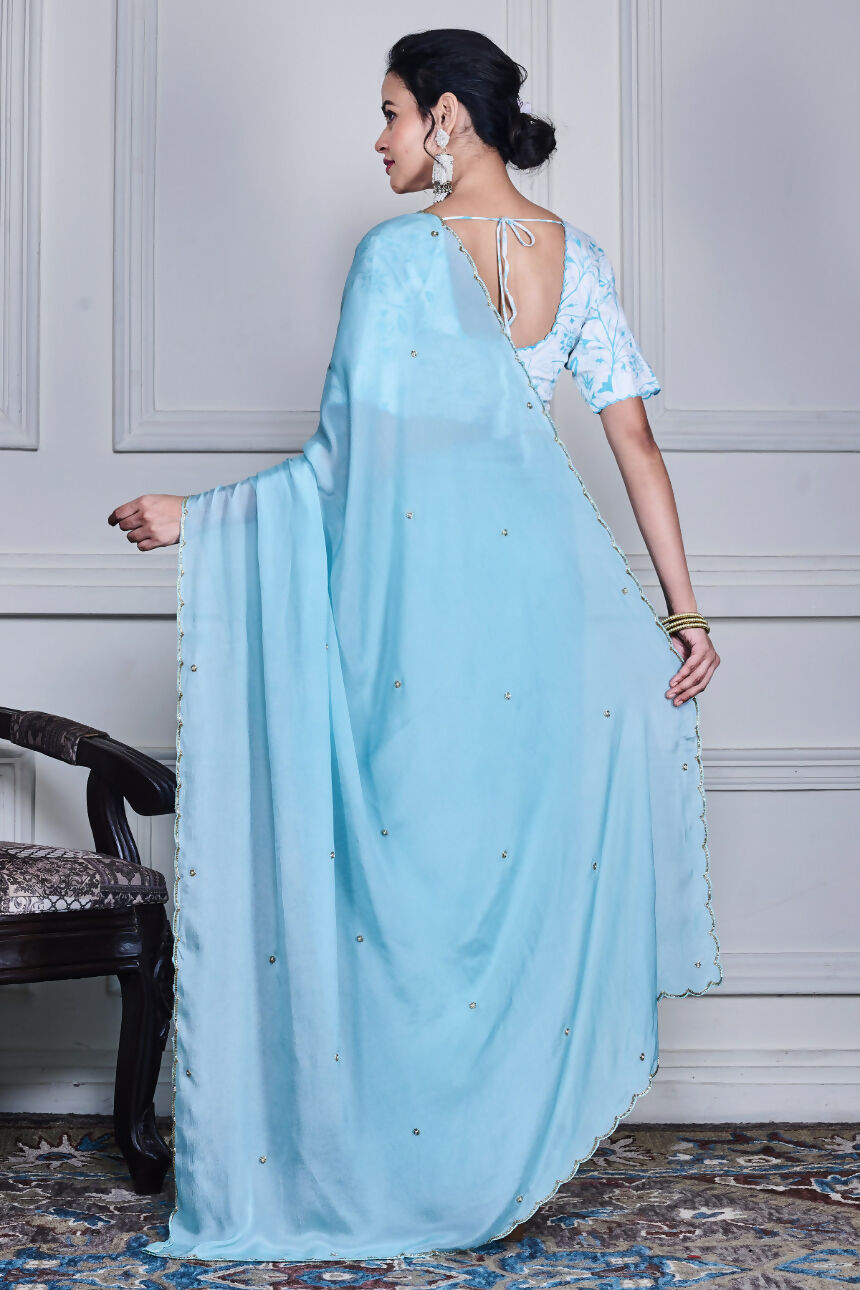 Morchari Blue Chiffon Hand Embroidery Saree And Stitched Blouse - Distacart
