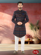 Joban Fashion Men's Blue Base ( Multi-Colour ) Straight Velvet Thread And Sequence Embroidary All Over Indo-Western Kurta Set