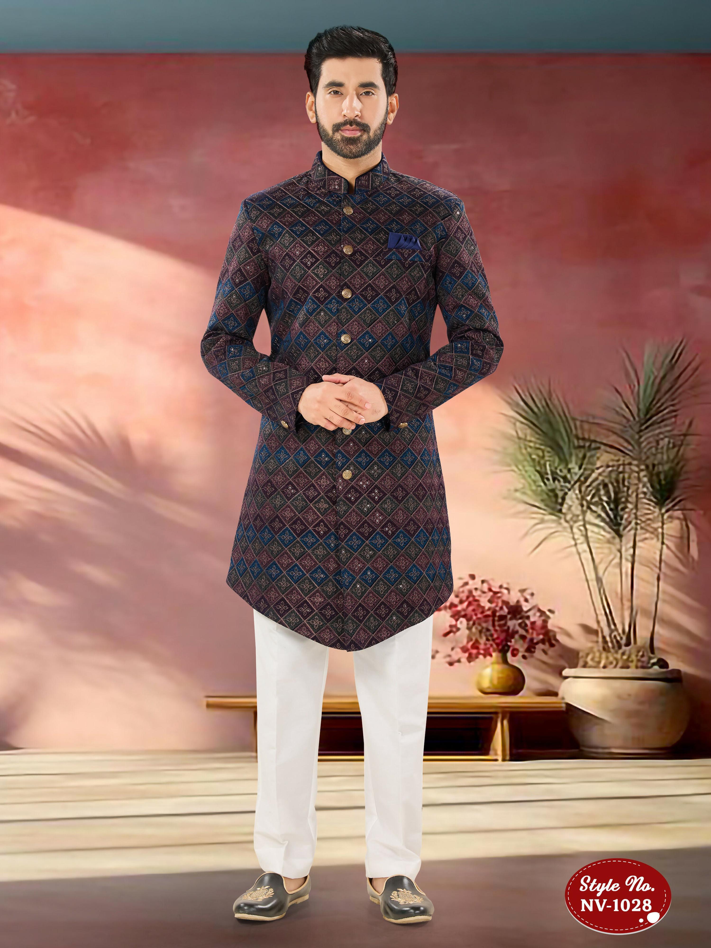 Joban Fashion Men's Blue Base ( Multi-Colour ) Straight Velvet Thread And Sequence Embroidary All Over Indo-Western Kurta Set