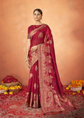 Red Kanjivaram two tone Silk Woven Design Saree With Unstitched Blouse Piece - Norita Royal Pradha