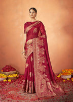 Red Kanjivaram two tone Silk Woven Design Saree With Unstitched Blouse Piece - Norita Royal Pradha
