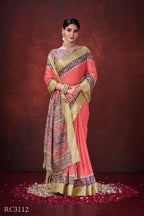Red Poly Habotai Silk Foil Print Saree with Unstitched Blouse - Kathari