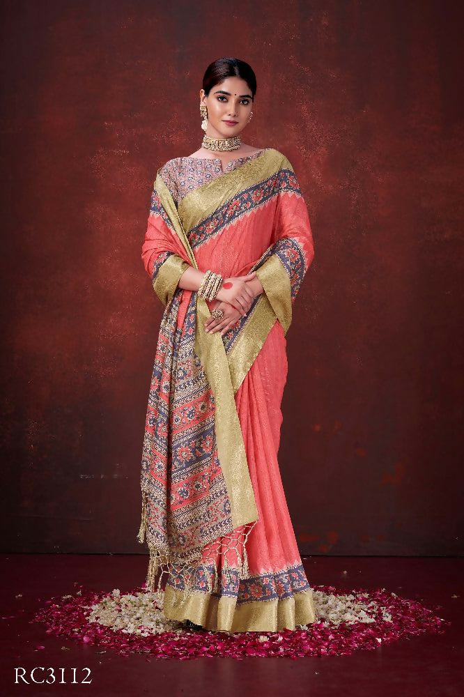 Red Poly Habotai Silk Foil Print Saree with Unstitched Blouse - Kathari