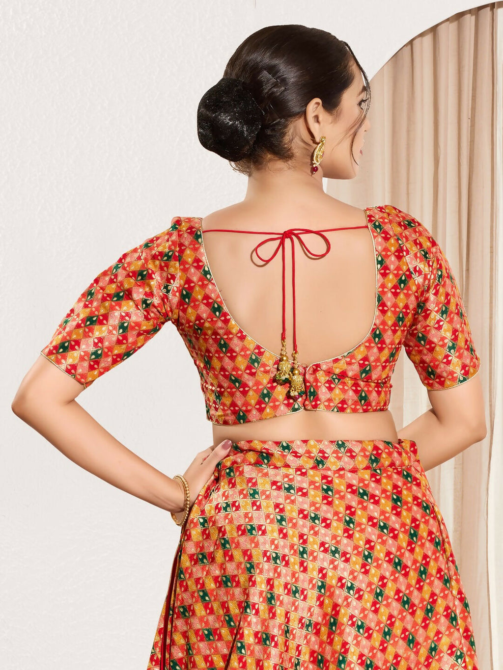 Joban Fashion Red Jacquard Padded Blouse With Round Neck Elbow Sleeves - Distacart