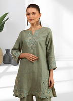 Joban Fashion Pista Green Linen Embroidered Readymade Cord Set - Distacart