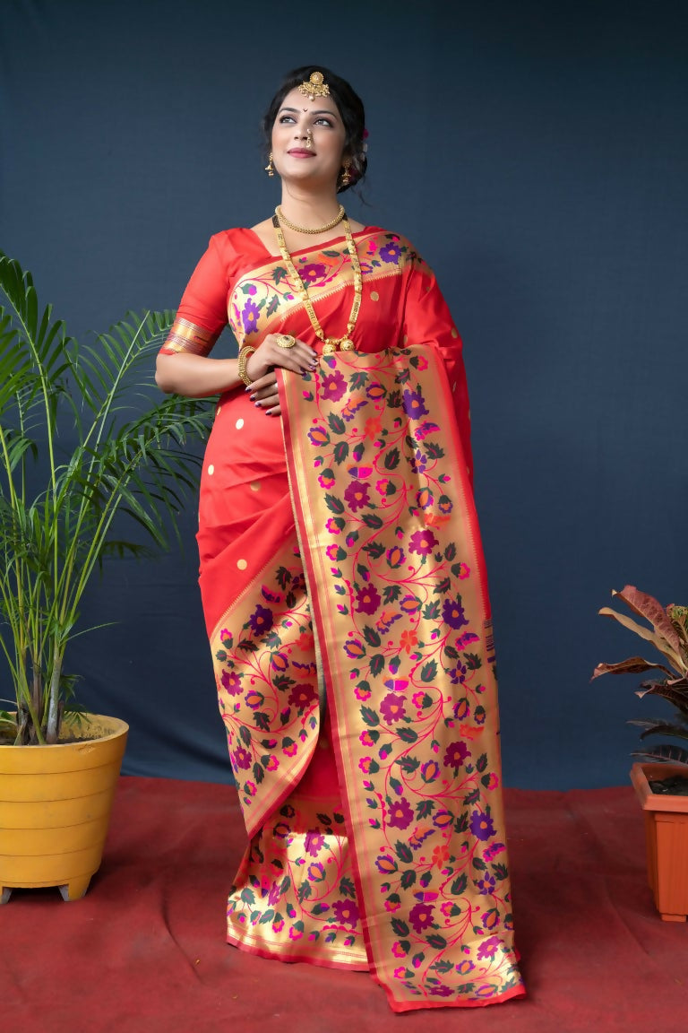 Jyoti Fashion Women's Red Paithani Silk Zari Woven Saree with Blouse