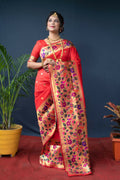 Jyoti Fashion Women's Red Paithani Silk Zari Woven Saree with Blouse