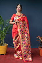 Jyoti Fashion Women's Red Paithani Silk Zari Woven Saree with Blouse