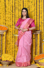 Very Much Indian Rajsi - Handloom Ari Checks Cotton Silk Saree With Golden Border - Pink
