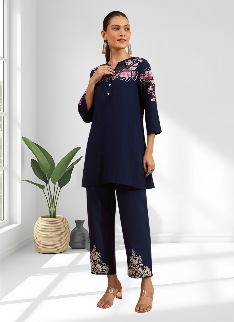 Joban Fashion Navy Blue Cotton, Linen Embroidered Readymade Cord Set - Distacart