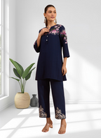 Joban Fashion Navy Blue Cotton, Linen Embroidered Readymade Cord Set - Distacart