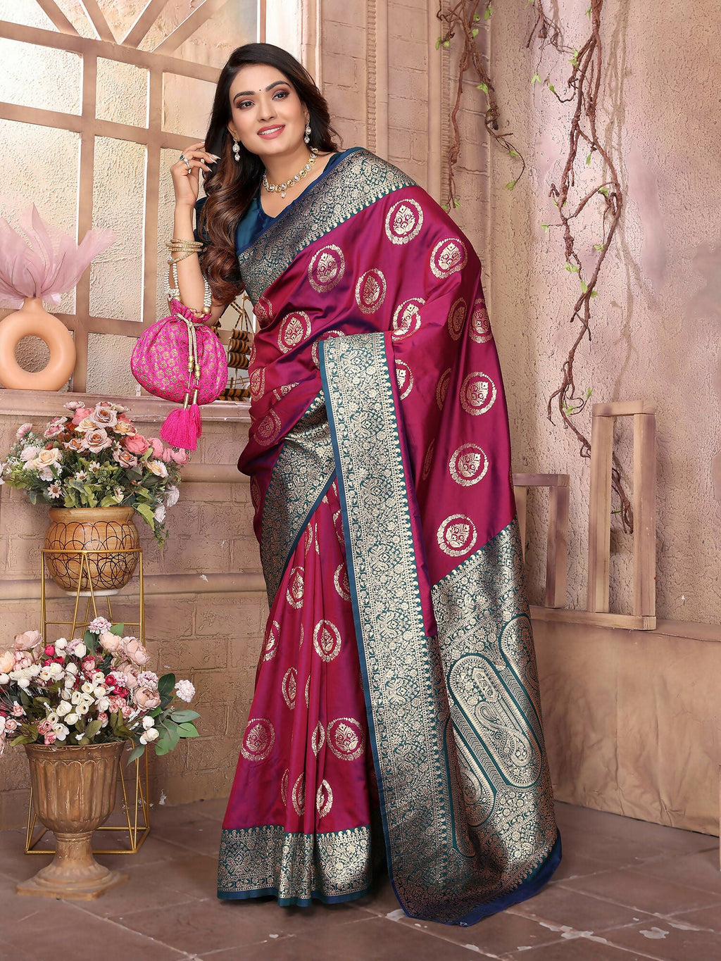 Joban Fashion Magenta Banarasi Soft Silk Woven Saree - Distacart