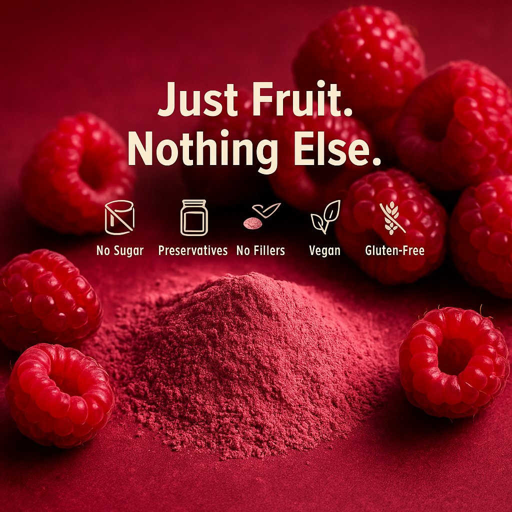 rasberry fruit powder pure natural fruit powder for smoothies baking beverages juices tea diy recipes vegan gluten free no added sugar 100 gm