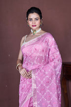 Morchari Pink Cotton Chanderi Embroidery Saree Unstitched Blouse - Distacart