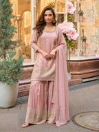 Aarshi Fashions Baby Pink Shimmer Silk Full Stitched Sharara Suits
