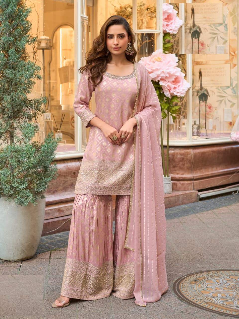 Aarshi Fashions Baby Pink Shimmer Silk Full Stitched Sharara Suits