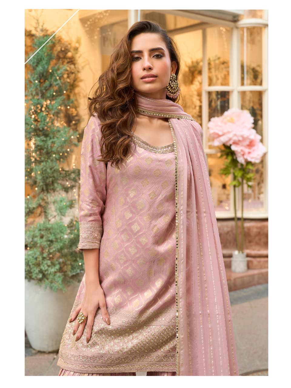 Aarshi Fashions Baby Pink Shimmer Silk Full Stitched Sharara Suits