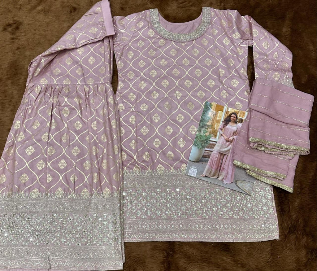 Aarshi Fashions Baby Pink Shimmer Silk Full Stitched Sharara Suits
