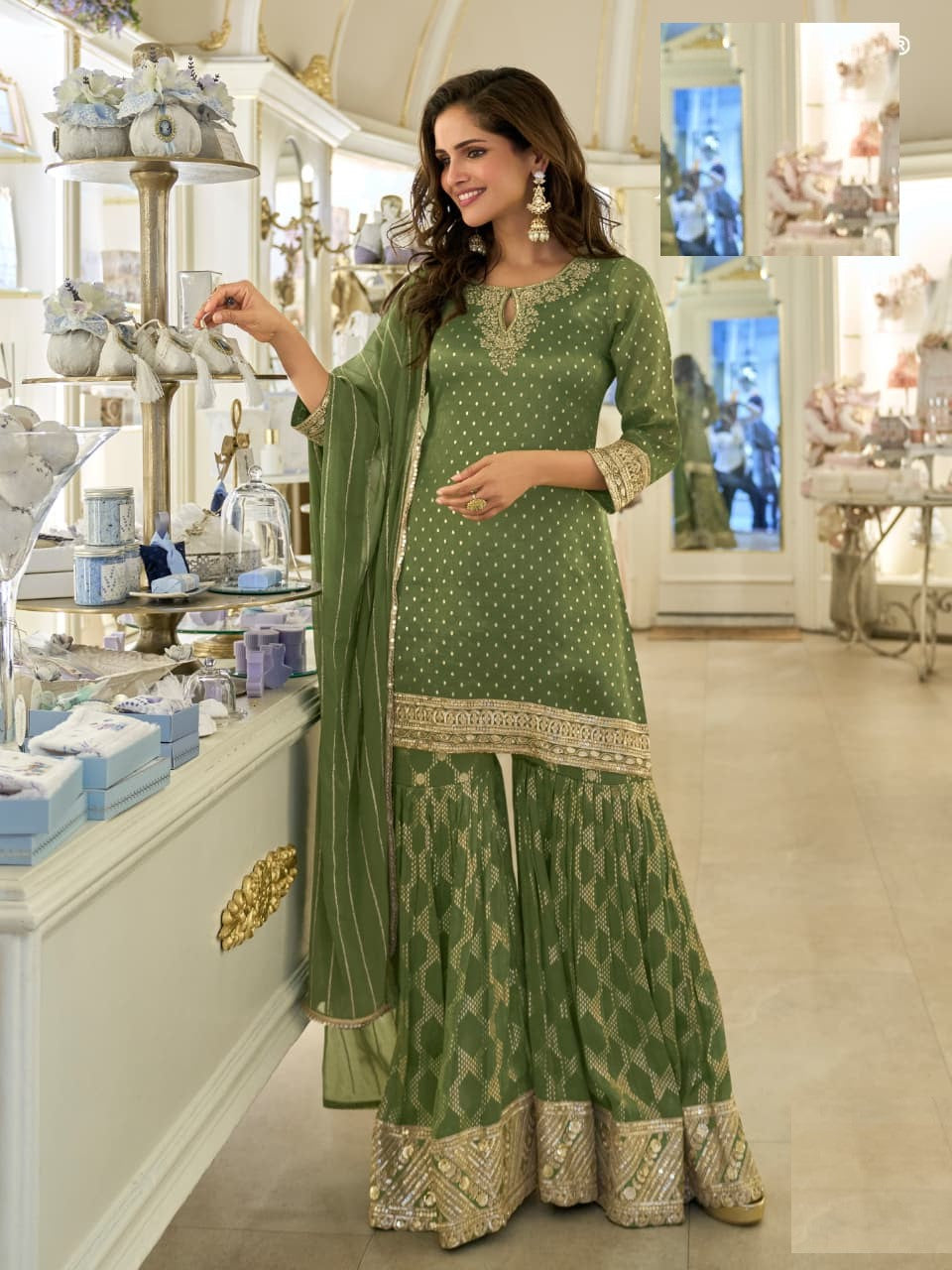 Aarshi Fashions Leaf Green Shimmer Silk Full Stitched Sharara Suits