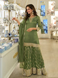Aarshi Fashions Leaf Green Shimmer Silk Full Stitched Sharara Suits