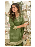 Aarshi Fashions Leaf Green Shimmer Silk Full Stitched Sharara Suits
