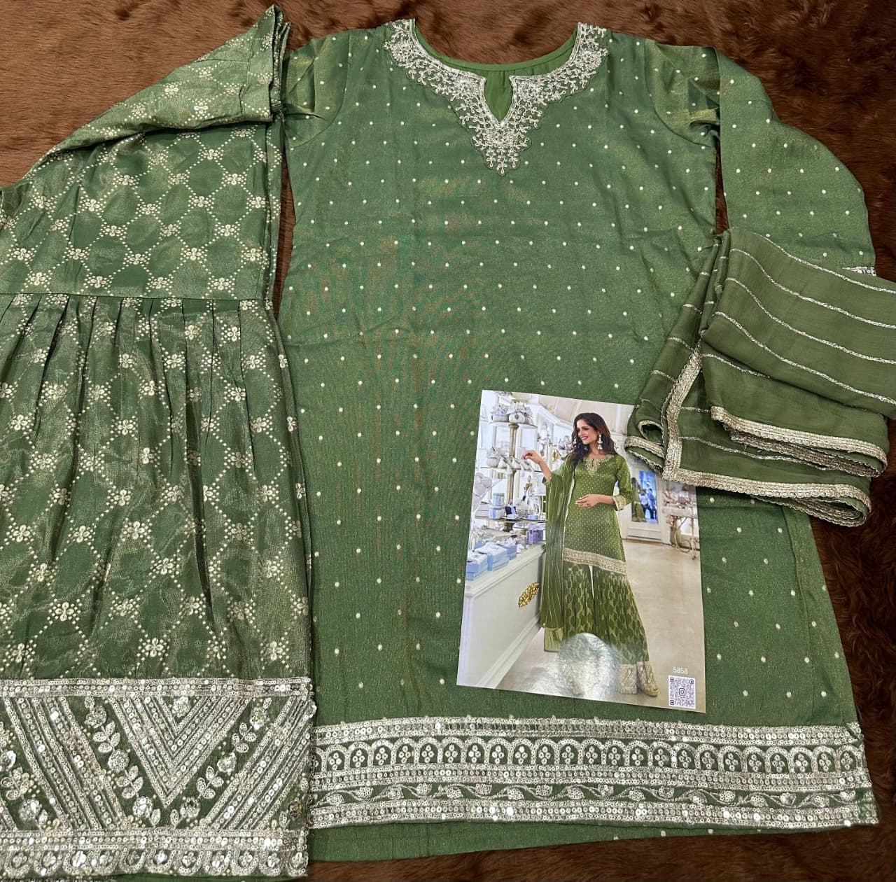 Aarshi Fashions Leaf Green Shimmer Silk Full Stitched Sharara Suits