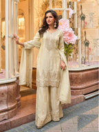 Aarshi Fashions Ivory Shimmer Silk Full Stitched Sharara Suits