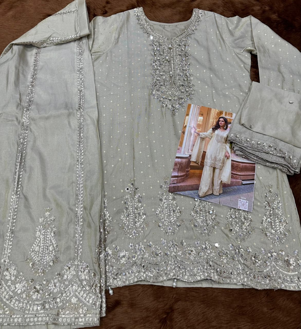 Aarshi Fashions Ivory Shimmer Silk Full Stitched Sharara Suits