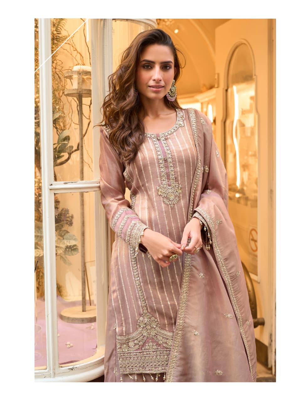 Aarshi Fashions Peach Shimmer Silk Full Stitched Sharara Suits