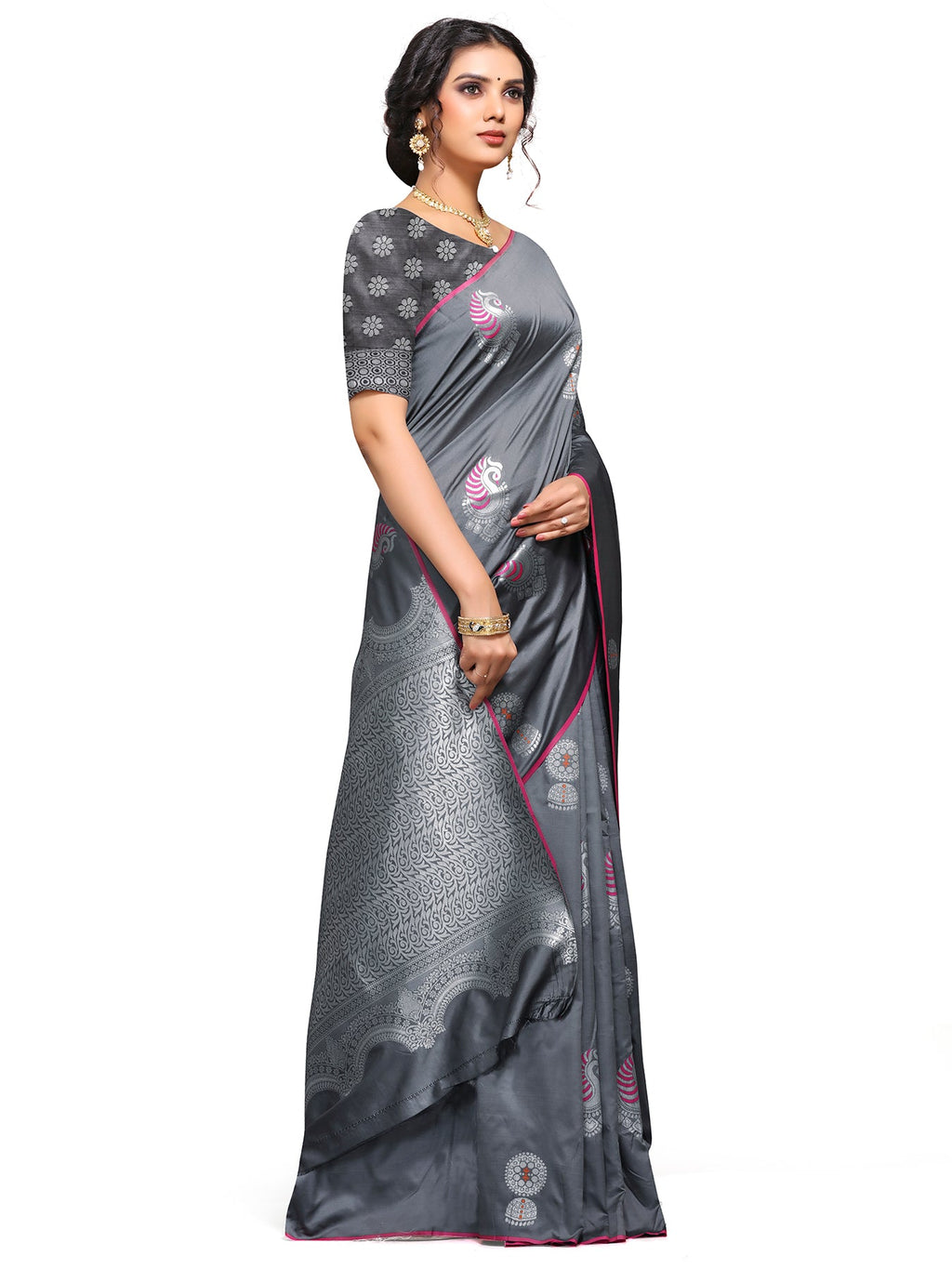 Vamika Weaving Banarasi Jacquard Grey Kanjivaram Saree