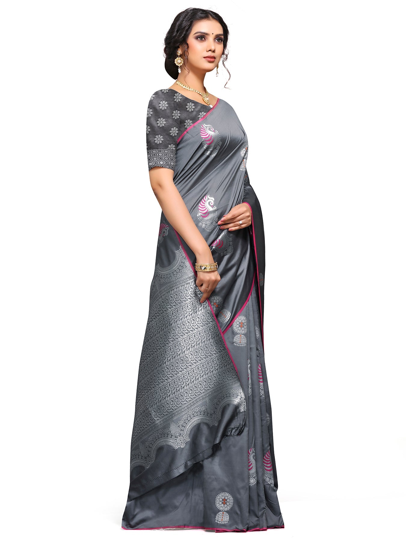 Vamika Weaving Banarasi Jacquard Grey Kanjivaram Saree