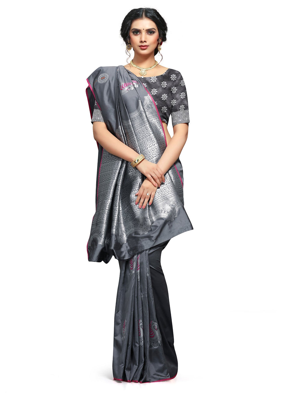 Vamika Weaving Banarasi Jacquard Grey Kanjivaram Saree