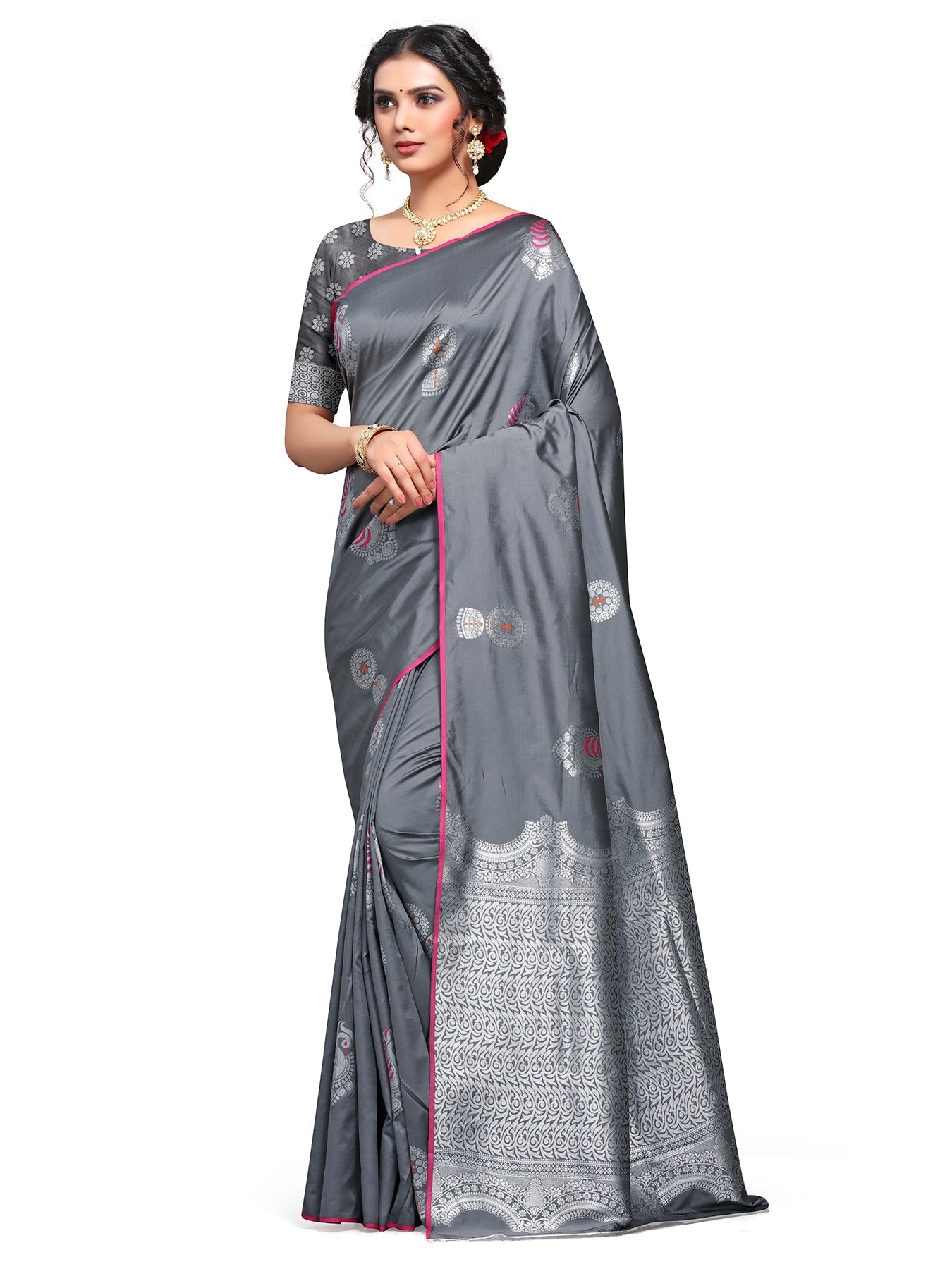 Vamika Weaving Banarasi Jacquard Grey Kanjivaram Saree