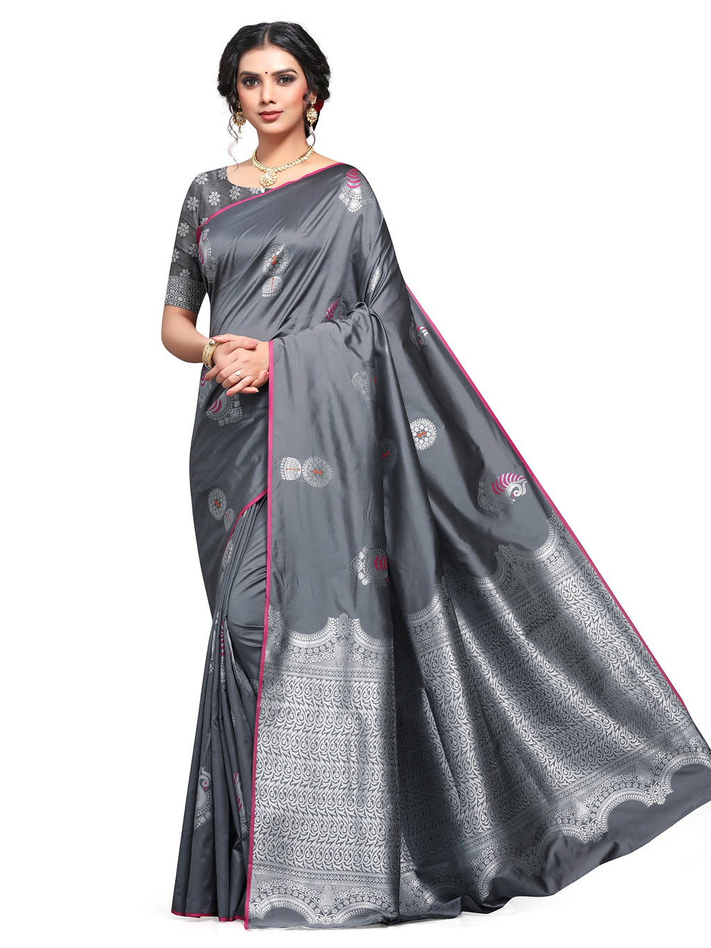 Vamika Weaving Banarasi Jacquard Grey Kanjivaram Saree