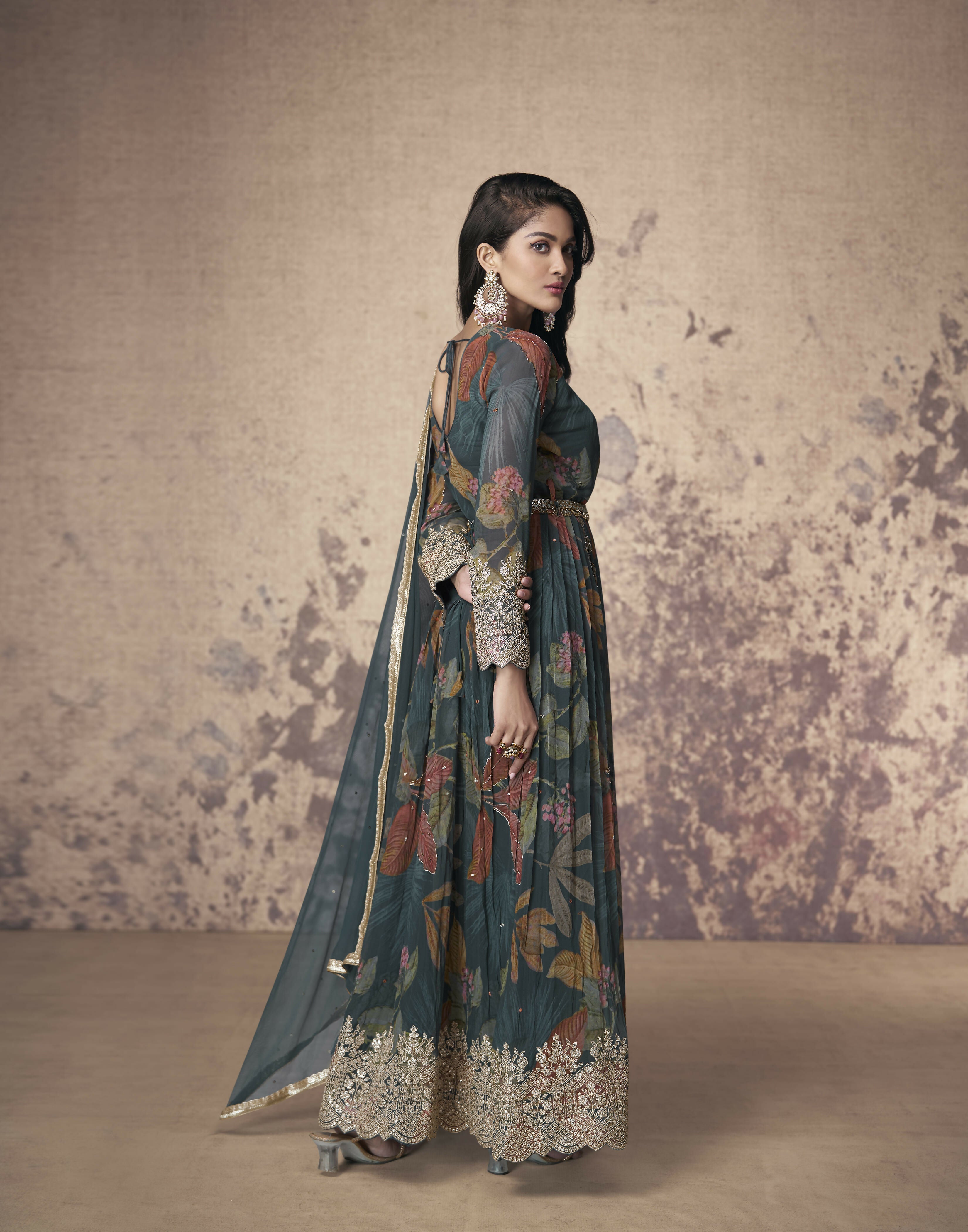 Vastranavya Georgette Digital Print With Sequence Embroidery Stitch Work Side Slit Abaya Style Suit