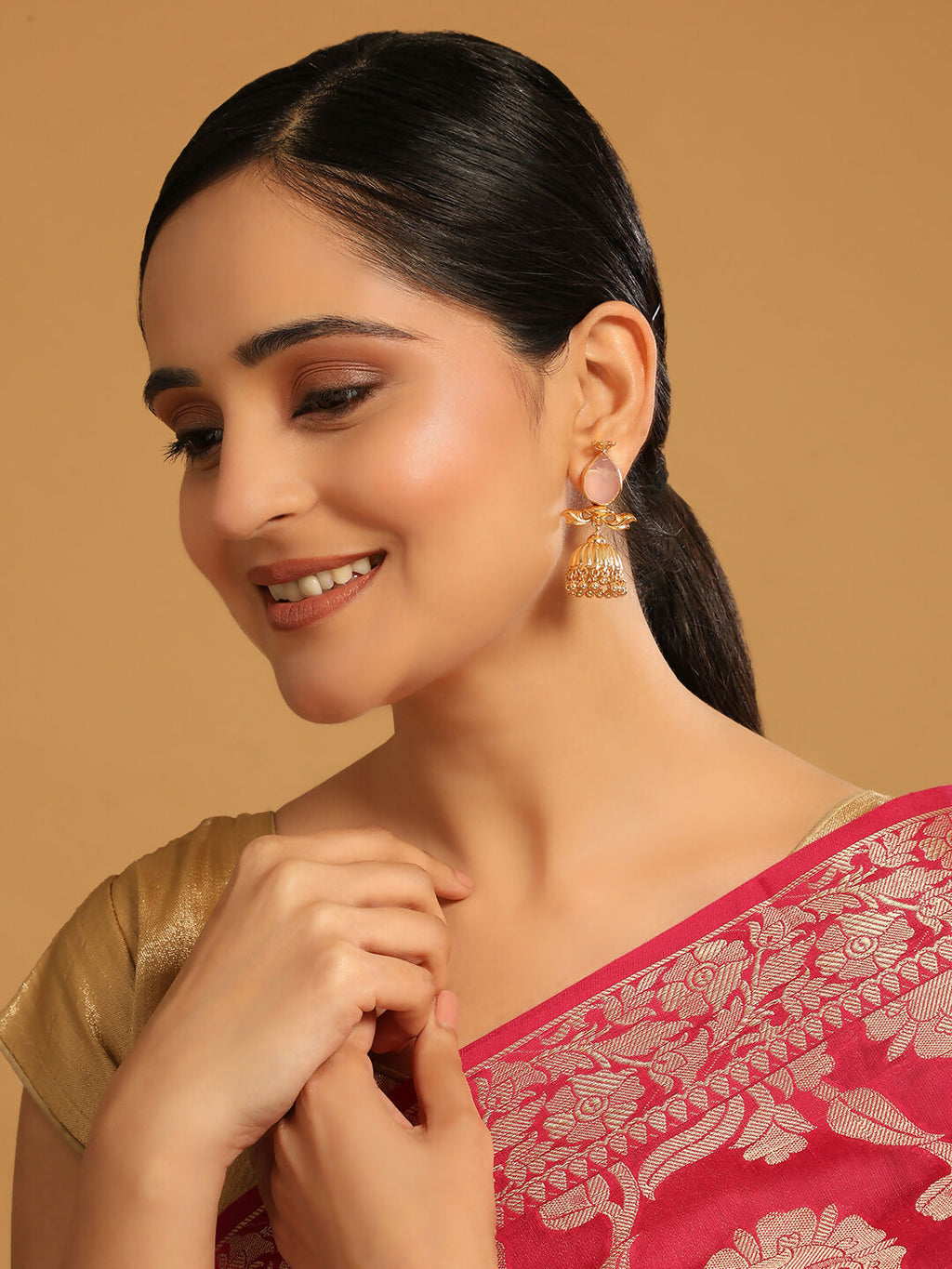 Nuyug 22K Gold Plated Rose Quartz Stone Studded Ethnic Jhumkas - Distacart