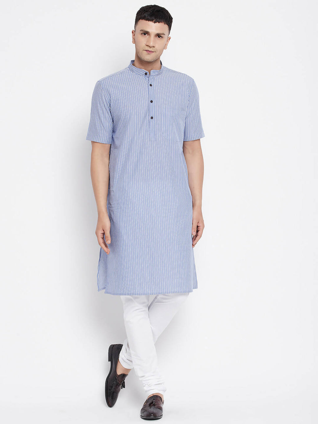 Even Apparels Blue Men's H/S Pure Cotton Kurta With Band Collar - Distacart