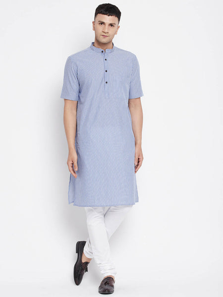 Even Apparels Blue Men's H/S Pure Cotton Kurta With Band Collar