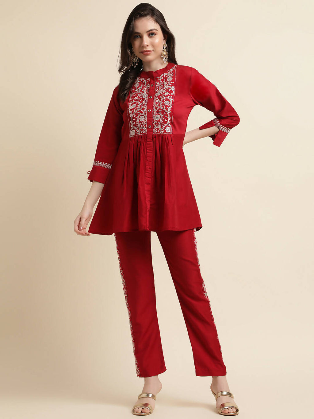 Red Chinon Floral Embroidered Top with Bottom - Maanushi