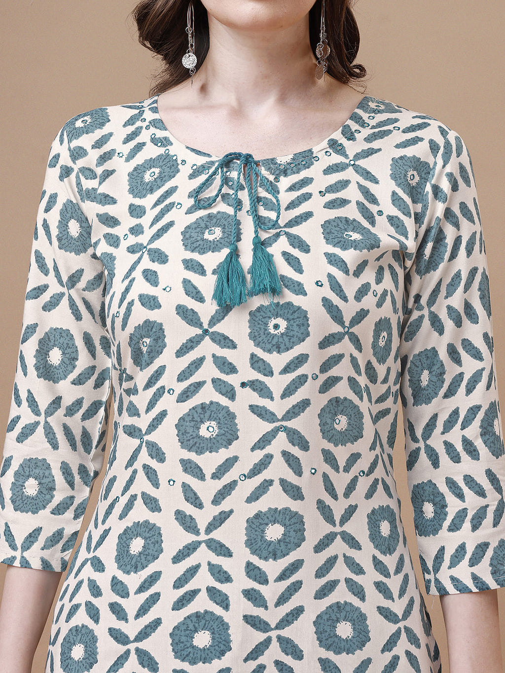 Women Tie Up Tassel Neck Printed Kurta With Pant, Multicolor - Hiral Fashion