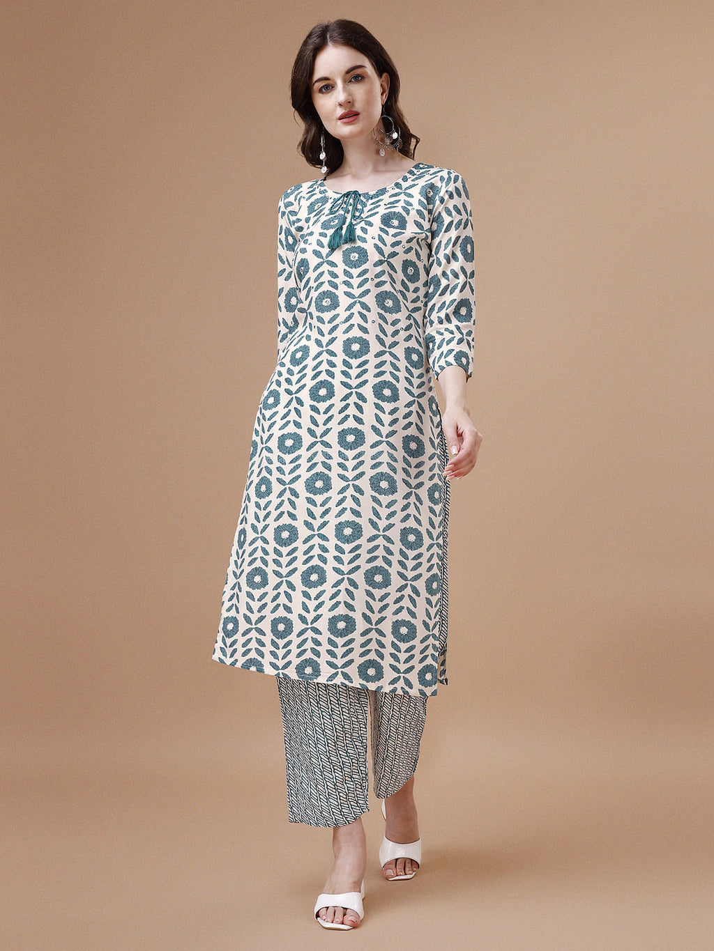 Women Tie Up Tassel Neck Printed Kurta With Pant, Multicolor - Hiral Fashion
