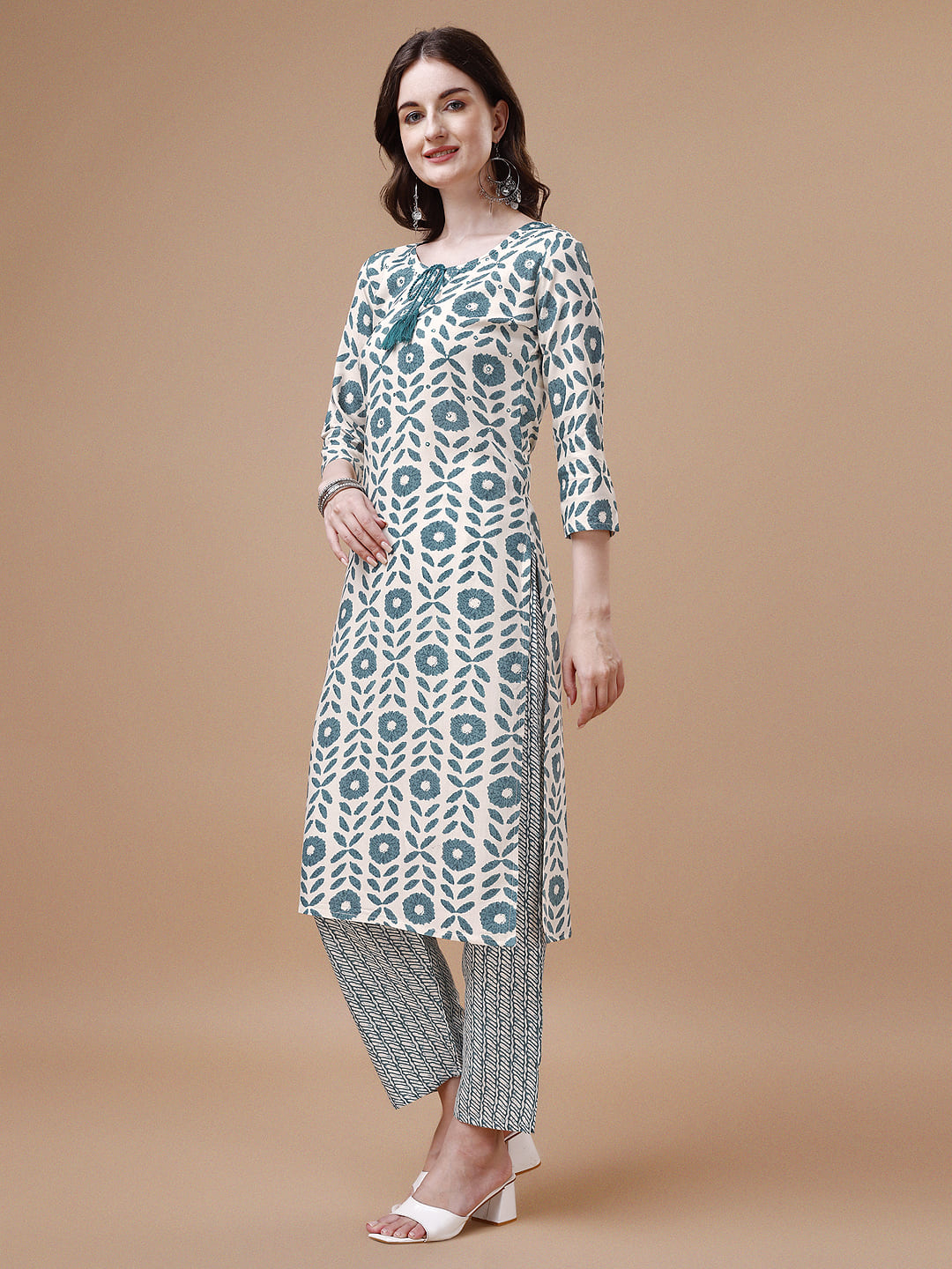 Women Tie Up Tassel Neck Printed Kurta With Pant, Multicolor - Hiral Fashion
