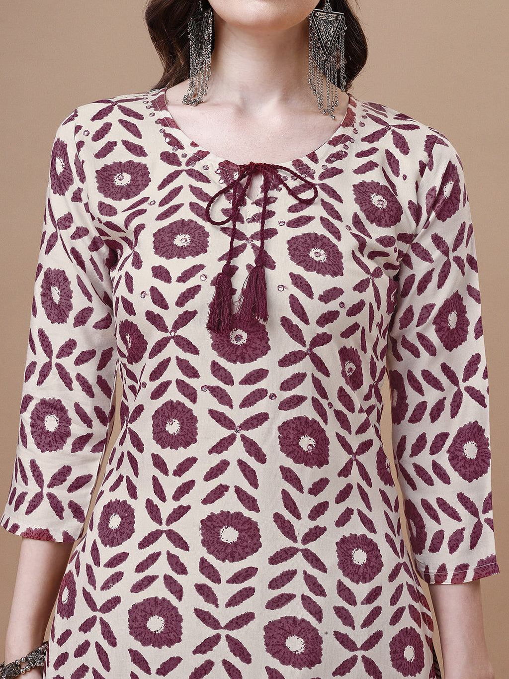 Women Tie Up Tassel Neck Printed Kurta With Pant, Multicolor - Hiral Fashion
