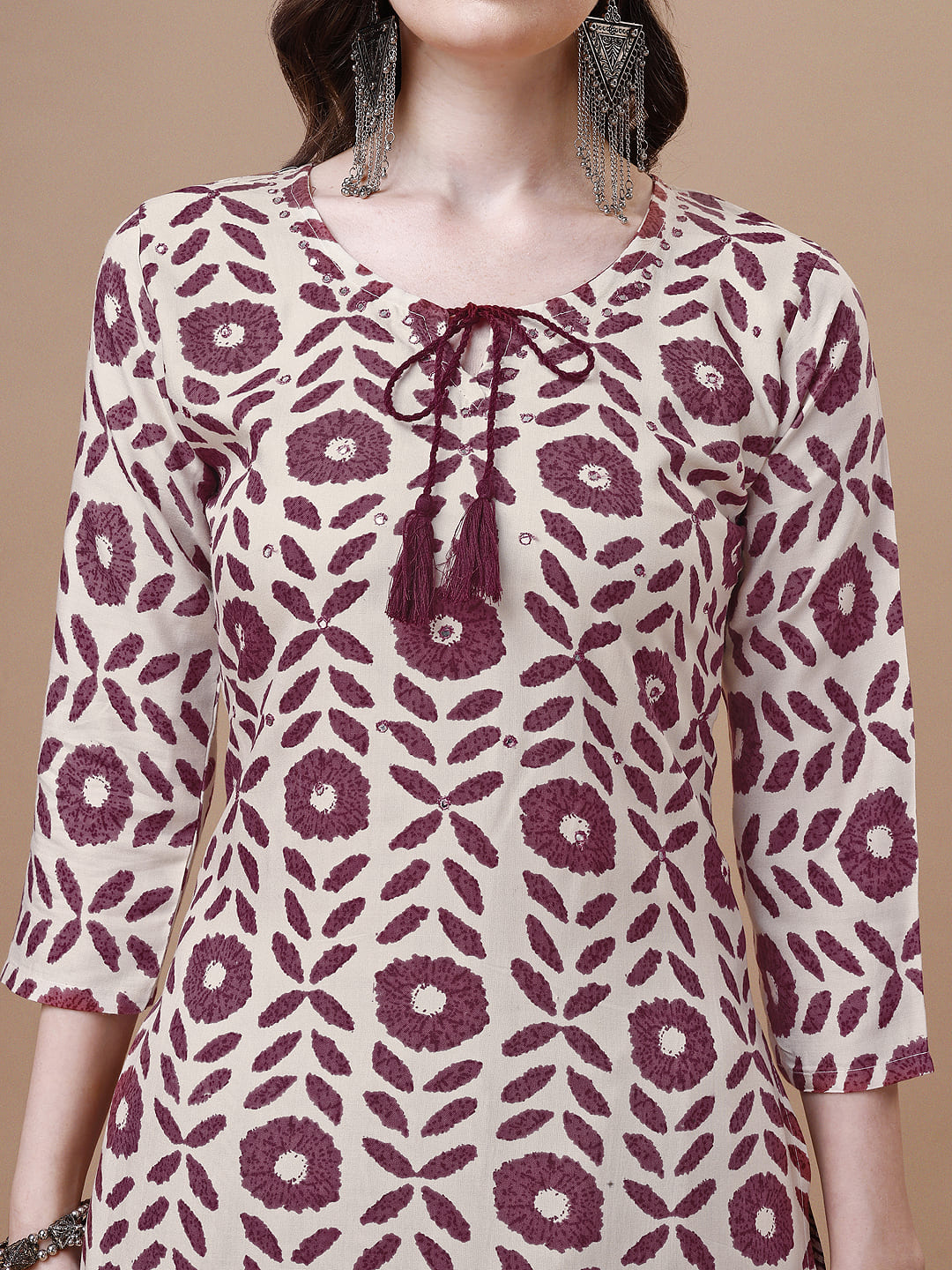 Women Tie Up Tassel Neck Printed Kurta With Pant, Multicolor - Hiral Fashion